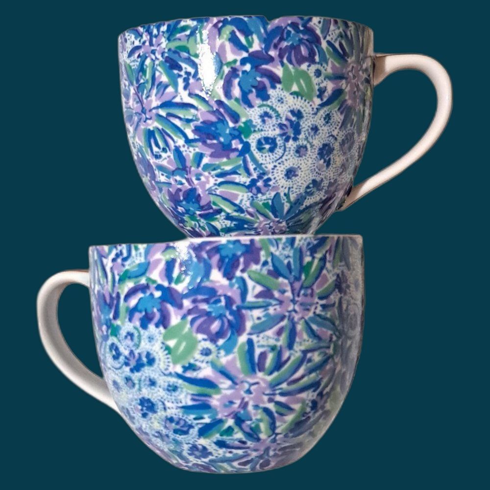 Lilly Pulitzer Floral Gold Blue Multi Ceramic Coffee Mug Cup Dishwasher Safe